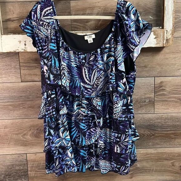 CATO Women Floral 3 Tier Ruffles Capped Sleeve  Fairygoth Blouse Size 22/24 - Picture 2 of 6